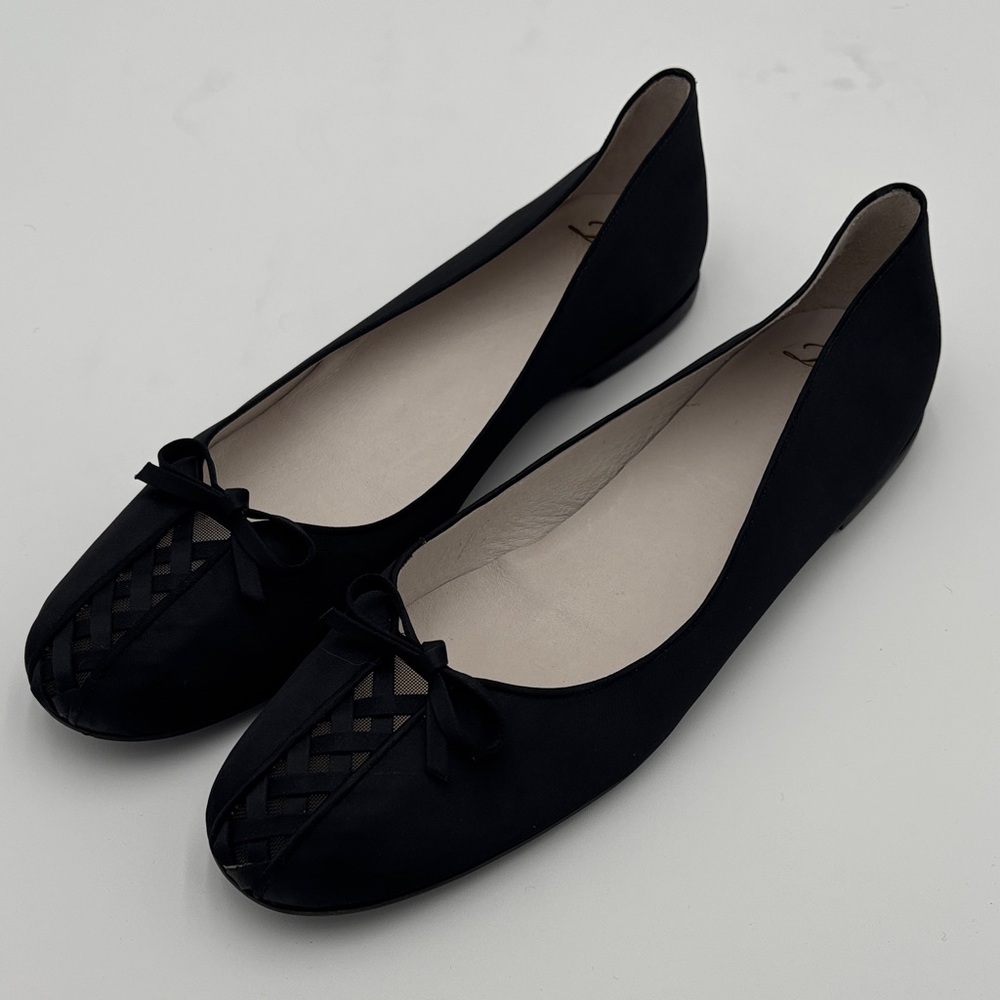 Delman Wrap-Sa Peau de Soie Black Silk Loafers w/ Bow and Lattice Accent